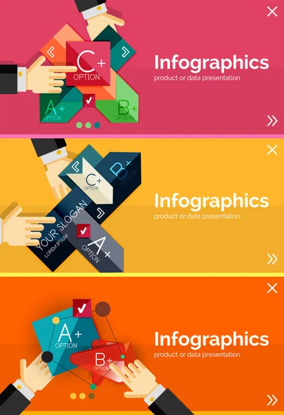 Set di banner di design piatto infografico con mani — Vettoriale Stock