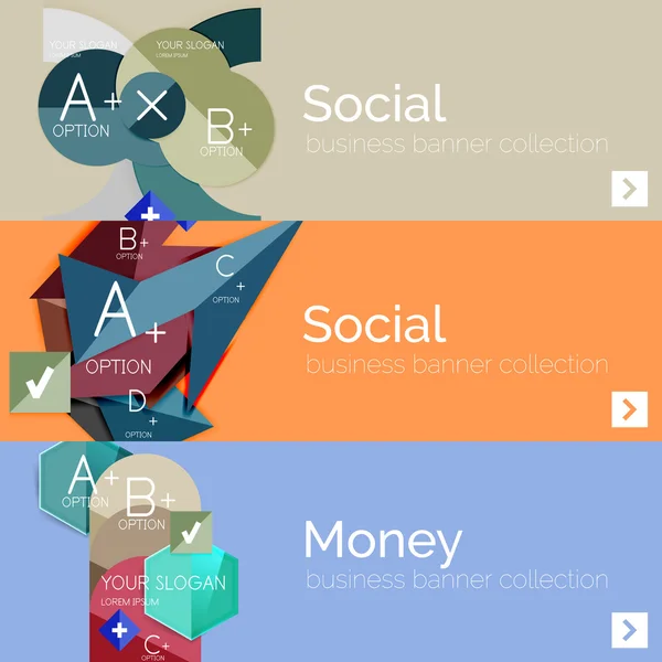 Banderas de infografía vectorial de diseño plano con infografías geométricas — Vector de stock