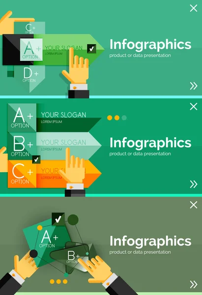 Set di banner di design piatto infografico con mani — Vettoriale Stock