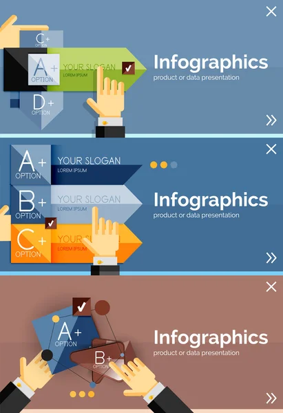 Set di banner di design piatto infografico con mani — Vettoriale Stock