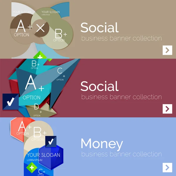 Bandeiras infográficas vetoriais de design plano com infográficos geométricos — Vetor de Stock