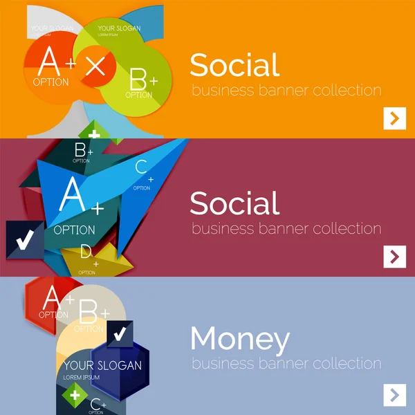 Banderas de infografía vectorial de diseño plano con infografías geométricas — Vector de stock