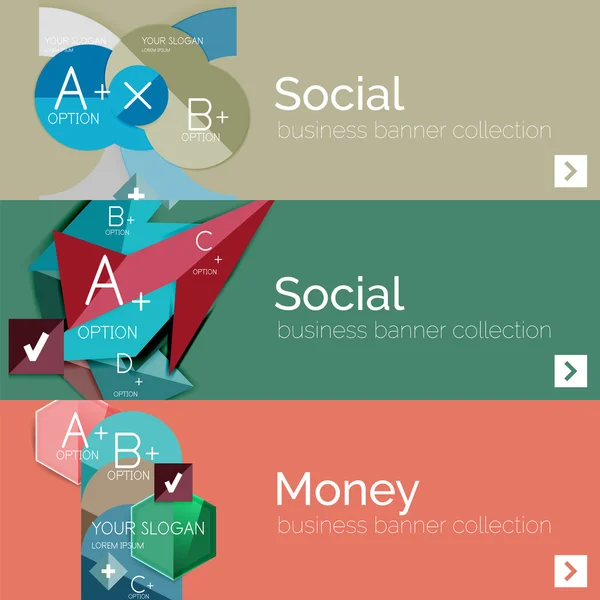 Banderas de infografía vectorial de diseño plano con infografías geométricas — Vector de stock