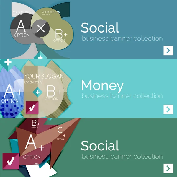 Bandiere infografiche vettoriali a design piatto con infografica geometrica — Vettoriale Stock