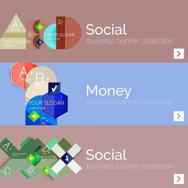 Banderas de infografía vectorial de diseño plano con infografías geométricas — Vector de stock