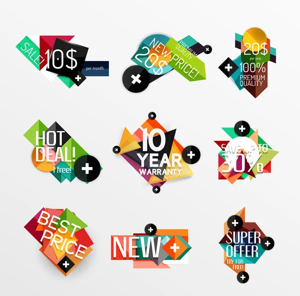 Set etiketten, stickers, banners, insignes en elementen te koop — Stockvector