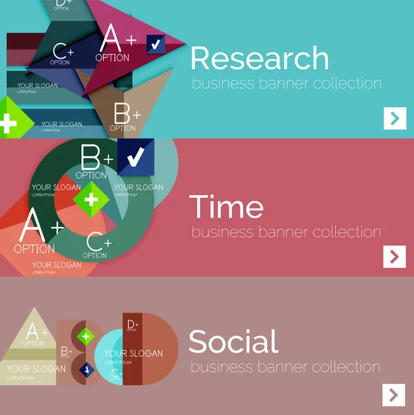 Bandeiras infográficas vetoriais de design plano com infográficos geométricos — Vetor de Stock