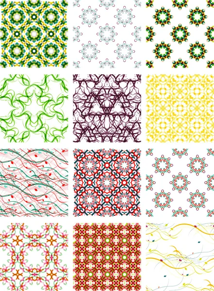 Set seamless geometric patterns - circles, swirls and floral textures — Stock Vector