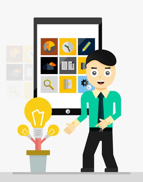 Idéia de inicialização do aplicativo móvel. Jovem empresário mostrando crescente planta de lâmpadas —  Vetores de Stock