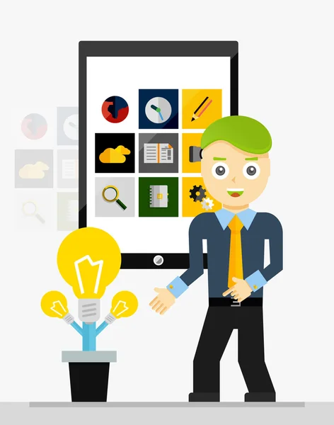 Idéia de inicialização do aplicativo móvel. Jovem empresário mostrando crescente planta de lâmpadas — Vetor de Stock