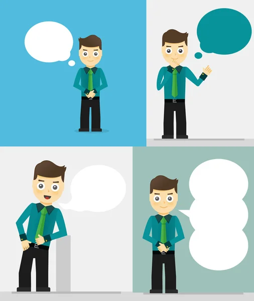 Set of young businessmen with speech bubbles. Talking, thinking concept. Flat design — Stock Vector