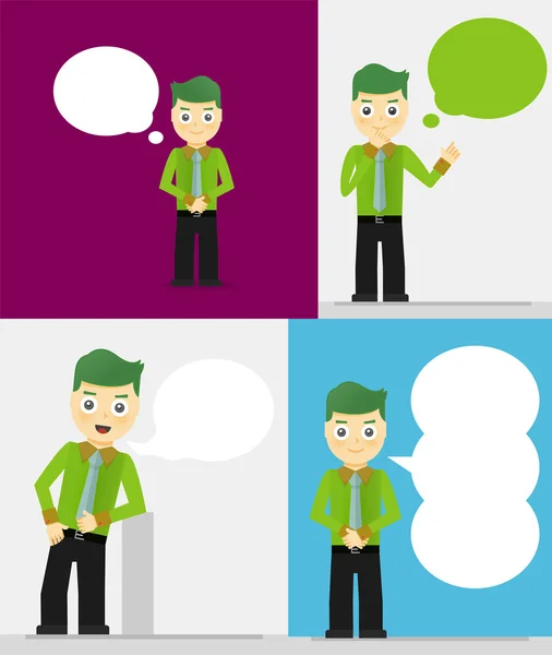 Set of young businessmen with speech bubbles. Talking, thinking concept. Flat design — Stock Vector