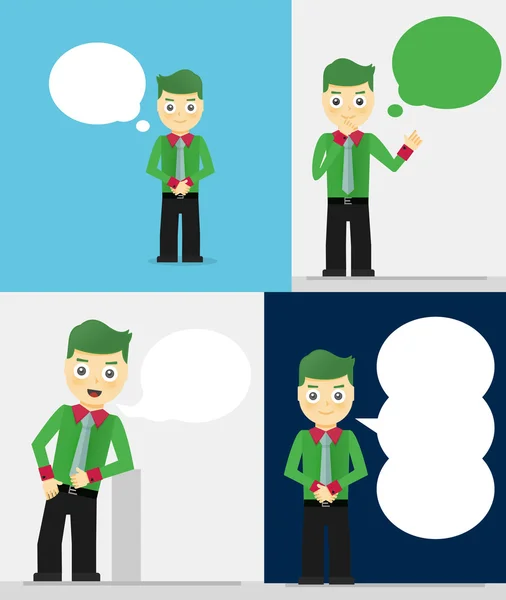 Set of young businessmen with speech bubbles. Talking, thinking concept. Flat design — Stock Vector