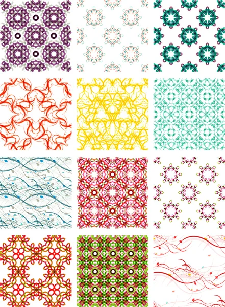 Meghatározott varrat nélküli geometriai minták - körök, kavarog és virágos textúrák — Stock Vector