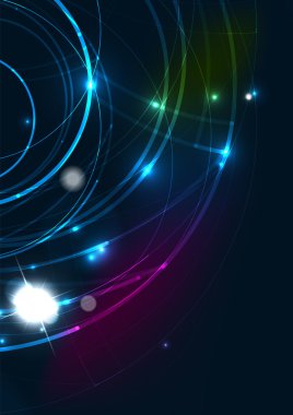 Satırları yıldız ve ışık efektleri - fütüristik daire ile karanlık uzayda parlayan renk