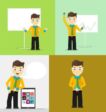 Genç İşadamları, sunu beyaz masa, eğilerek tablet kavramı ve kendine güvenen pozitif poz poz