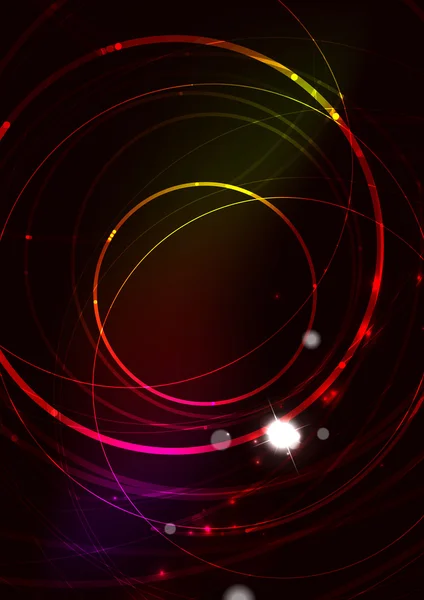 Líneas brillantes de color abstracto en el espacio oscuro con estrellas y efectos de luz - círculo futurista — Vector de stock