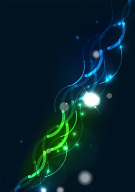 Dalga renkli parlak çizgiler yıldız ve ışık efektleri ile karanlık alanda soyut