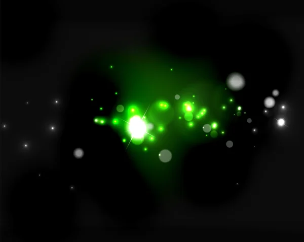 Gloeiende glanzende bubbels en sterren in donkere ruimte — Stockvector