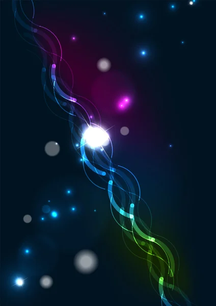 Abstract wave color glowing lines in dark space with stars and light effects — Stock Vector