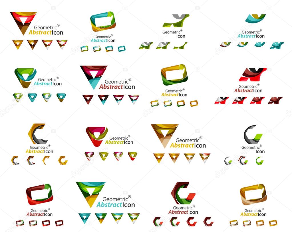 Set of various geometric icons -  rectangles triangles squares circles or swirls, created with flowing wavy elements