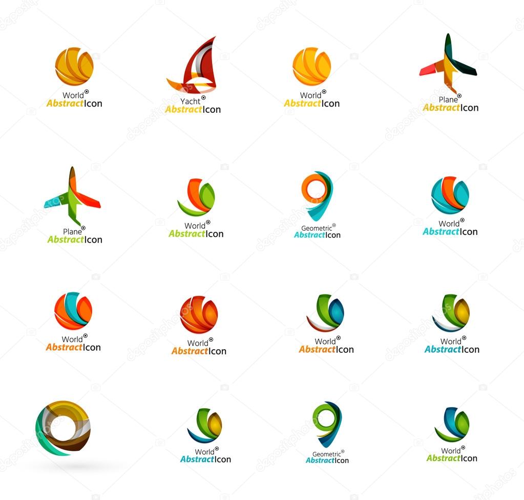Set of abstract travel logo icons. Business, app or internet web symbols. Thin lines and colors with white