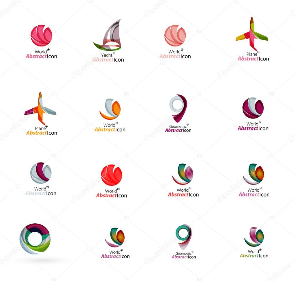 Set of abstract travel logo icons. Business, app or internet web symbols. Thin lines and colors with white