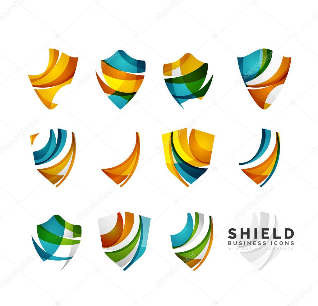 Set of protection shield logo concepts. Color flowing wave design icons on white. Vector illustration