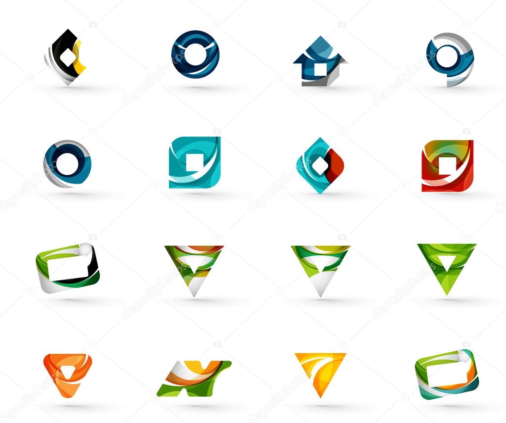 Set of various geometric icons -  rectangles triangles squares or circles. Made of swirls and flowing wavy elements. Business, app, web design logo templates. Vector illustration