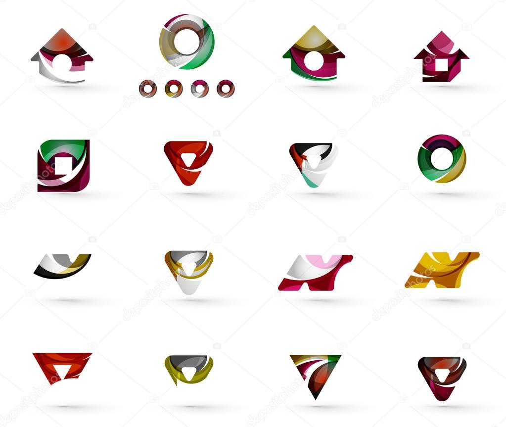 Set of various geometric icons -  rectangles triangles squares or circles. Made of swirls and flowing wavy elements. Business, app, web design logo templates. Vector illustration