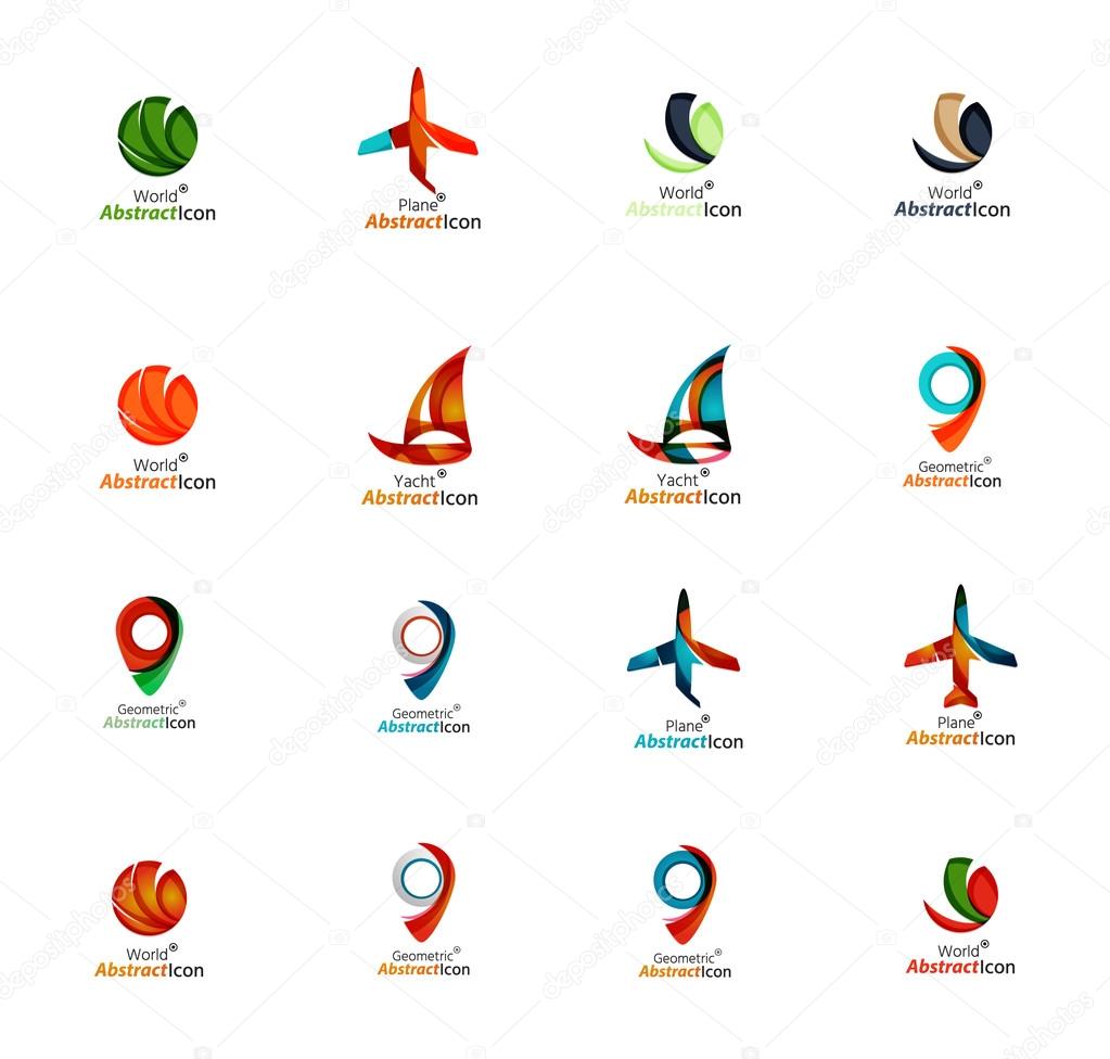 Set of abstract travel logo icons. Business, app or internet web symbols. Thin lines and colors with white. Vector illustration
