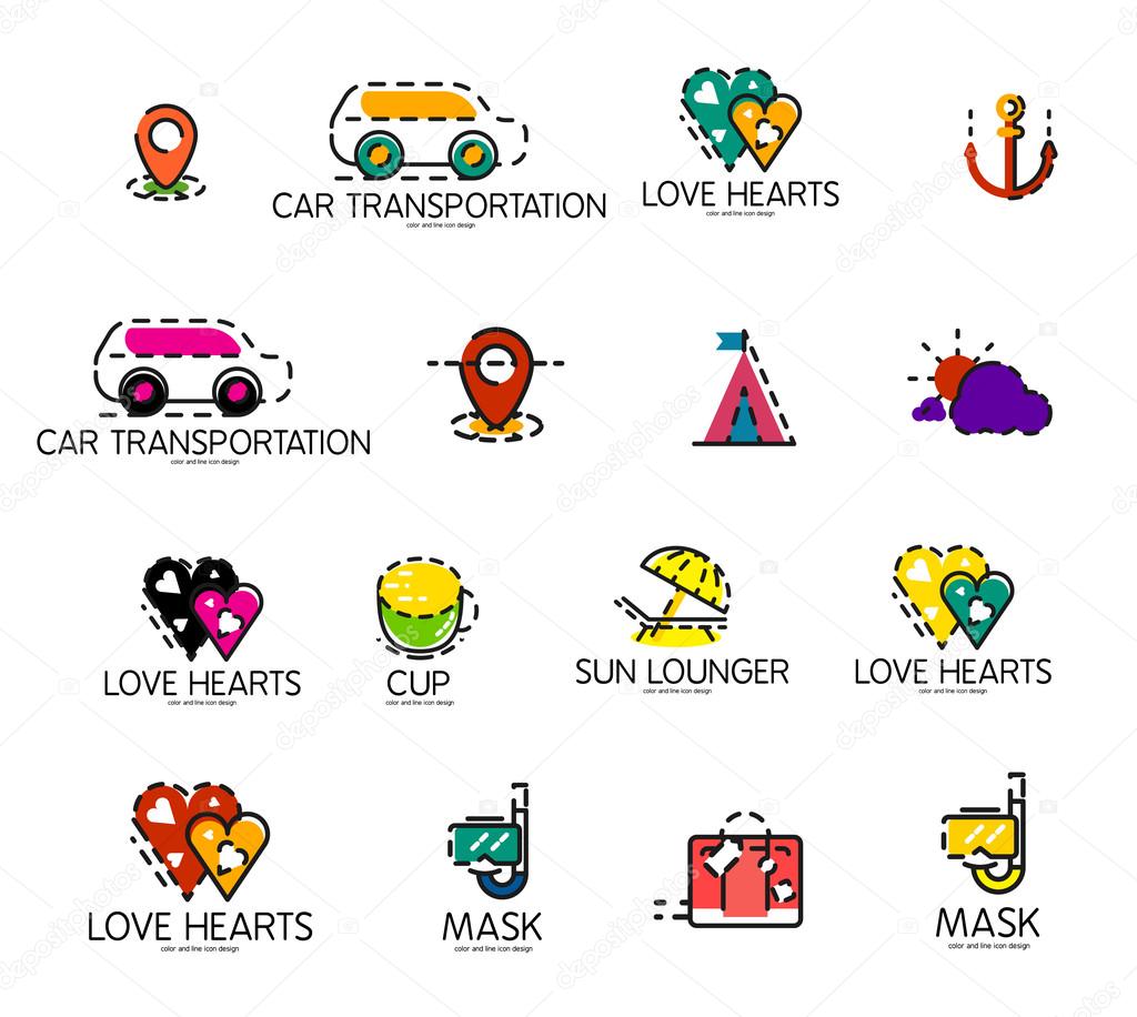Set of abstract travel logo icons. Business, app or internet web symbols. Thin lines and colors with white.  Vector illustration