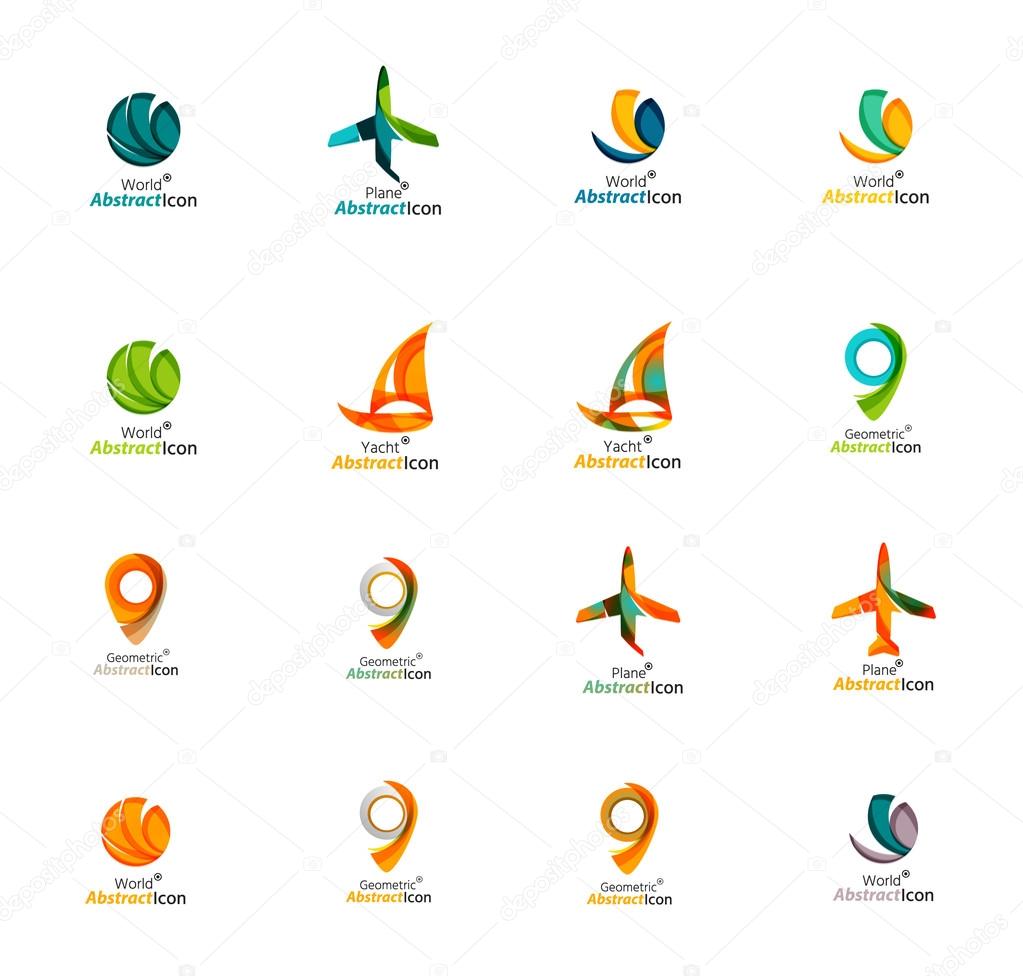 Set of abstract travel logo icons. Business, app or internet web symbols. Thin lines and colors with white