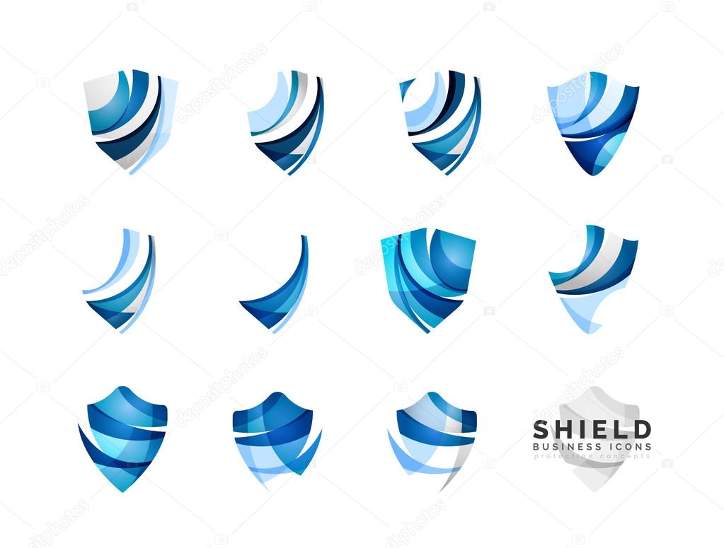 Set of protection shield logo concepts. Color flowing wave design icons on white. Vector illustration