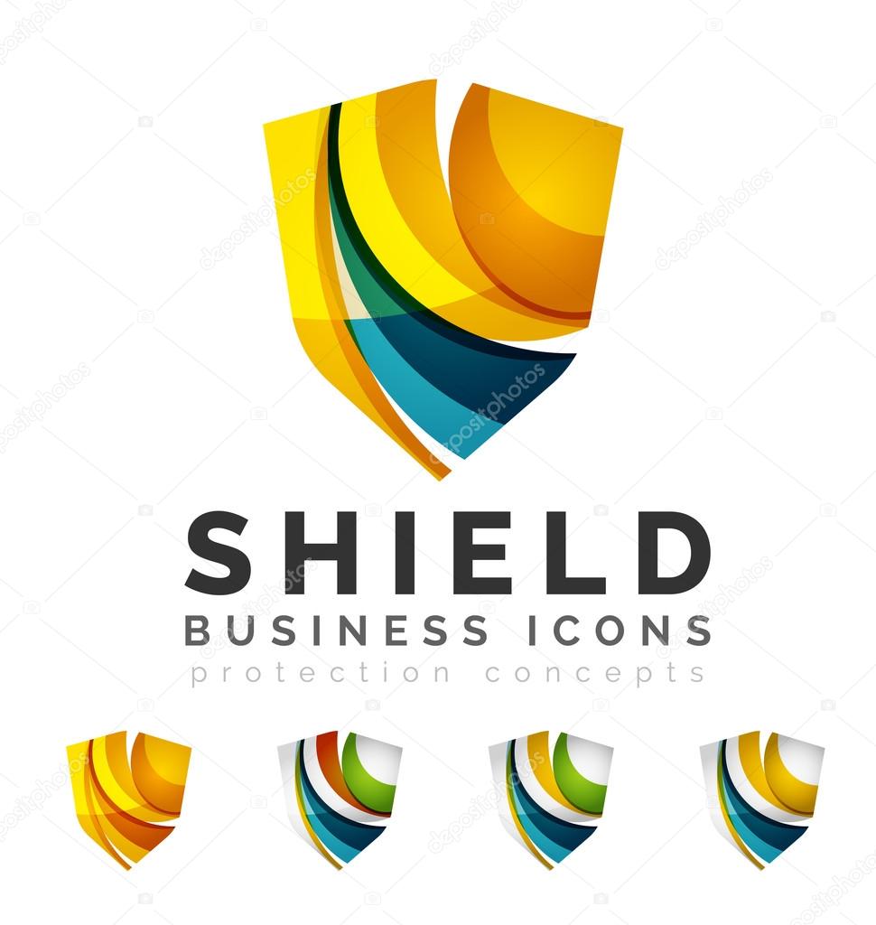 Set of protection shield logo concepts. Color flowing wave design icons on white. Vector illustration