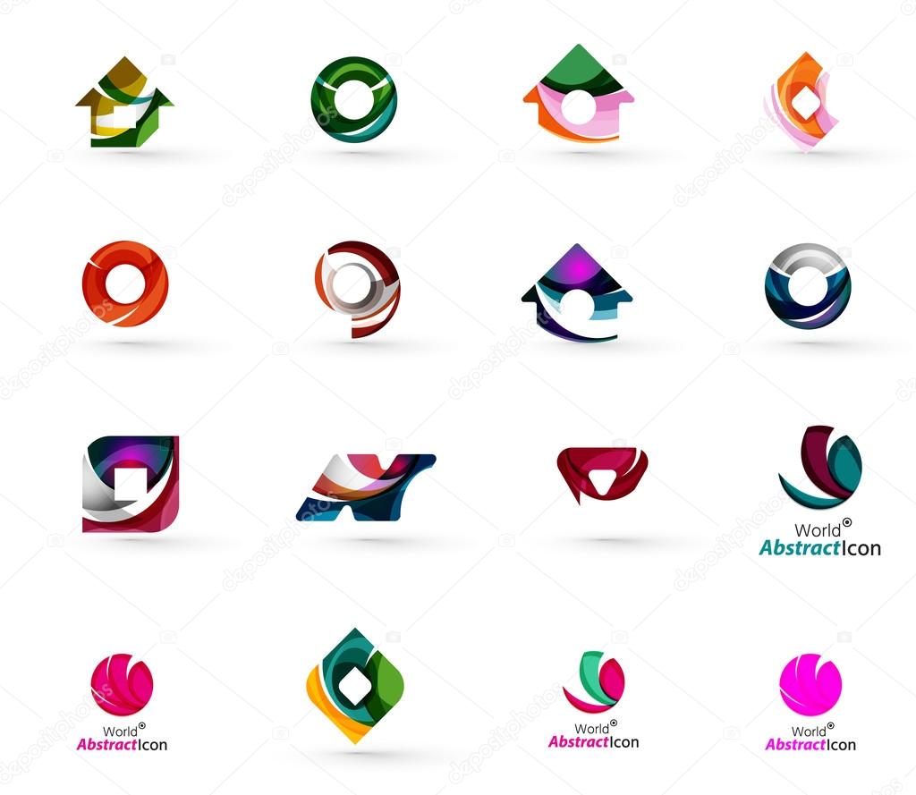 Set of various geometric icons -  rectangles triangles squares or circles. Made of swirls and flowing wavy elements. Business, app, web design logo templates. Vector illustration