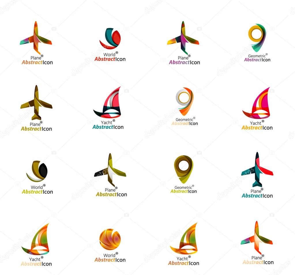 Set of abstract travel logo icons. Business, app or internet web symbols. Thin lines and colors with white