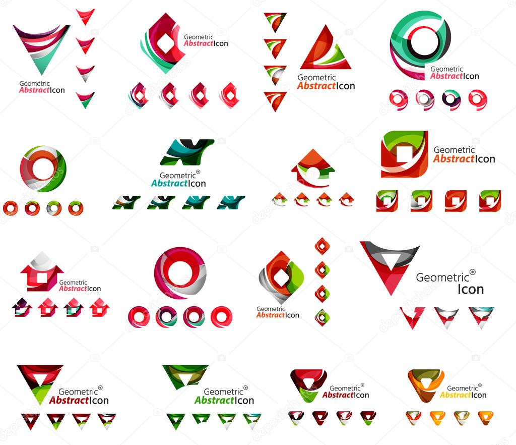 Set of various geometric icons -  rectangles triangles squares circles or swirls, created with flowing wavy elements