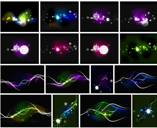 Lignes lumineuses dans l'espace obscur, ensemble de fonds abstraits — Image vectorielle