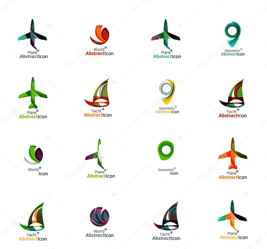 Set of abstract travel logo icons. Business, app or internet web symbols. Thin lines and colors with white