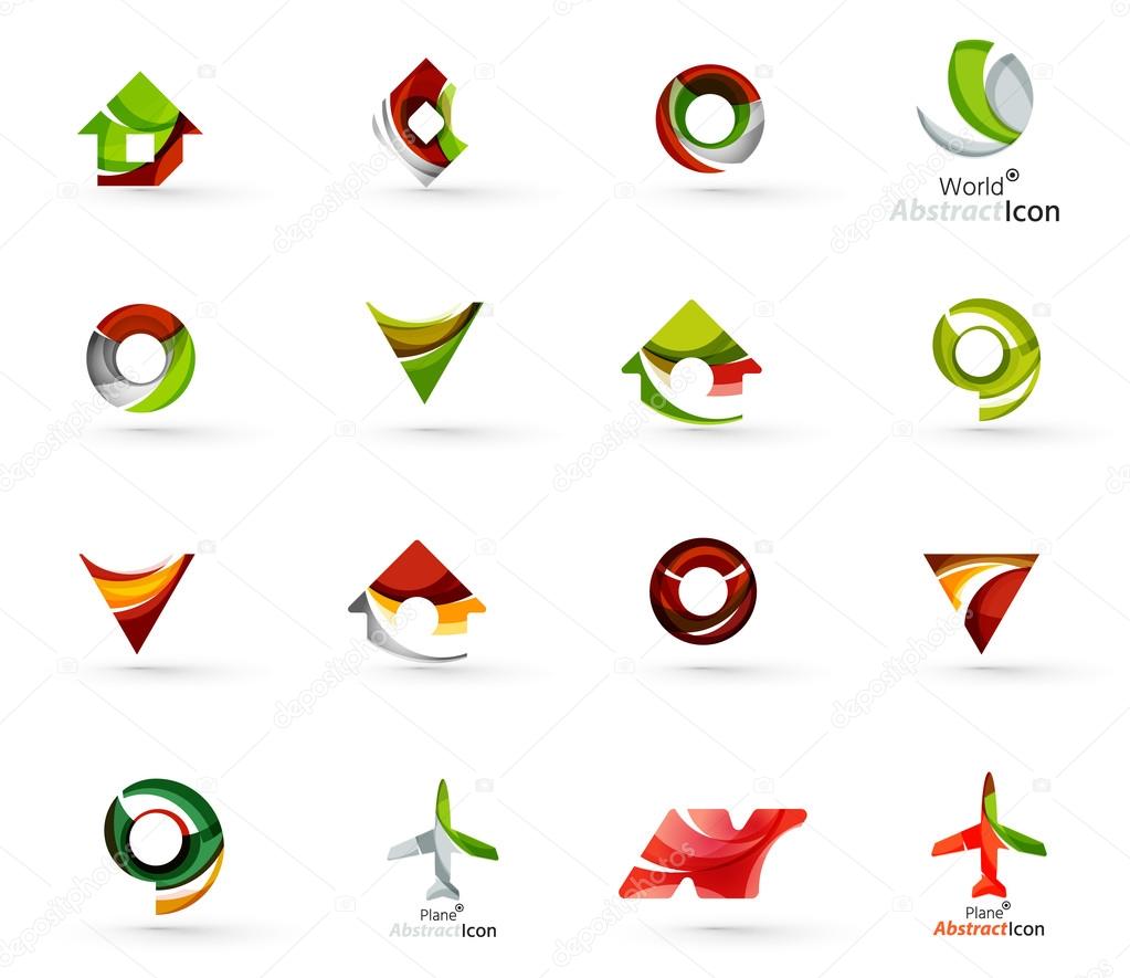 Set of various geometric icons -  rectangles triangles squares circles or swirls, created with flowing wavy elements