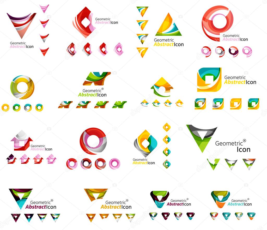 Set of various geometric icons -  rectangles triangles squares circles or swirls, created with flowing wavy elements