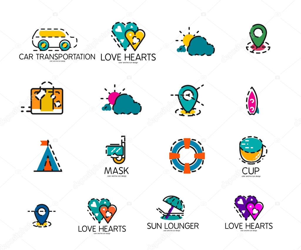 Set of abstract travel logo icons. Business, app or internet web symbols. Thin lines and colors with white