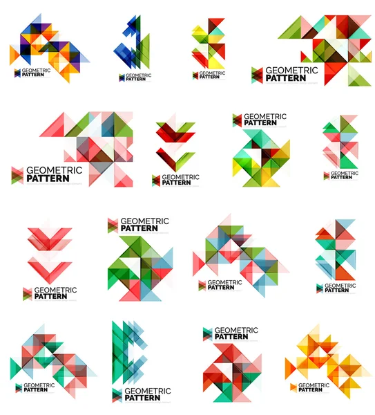 Set of color triangles geometric pattern elements isolated on white. Web, app background or business identity — Stock Vector