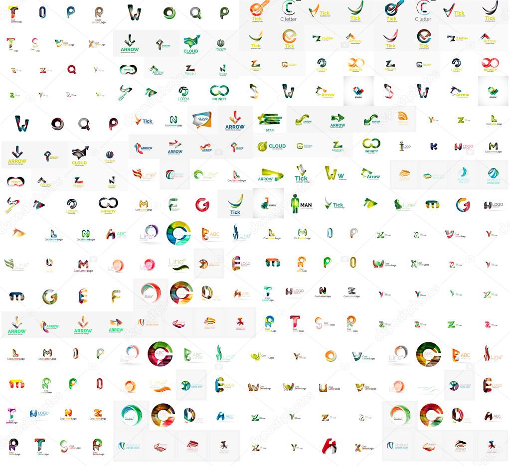 Mega set of geomeric lettering company logos. Corporate business branding design elements