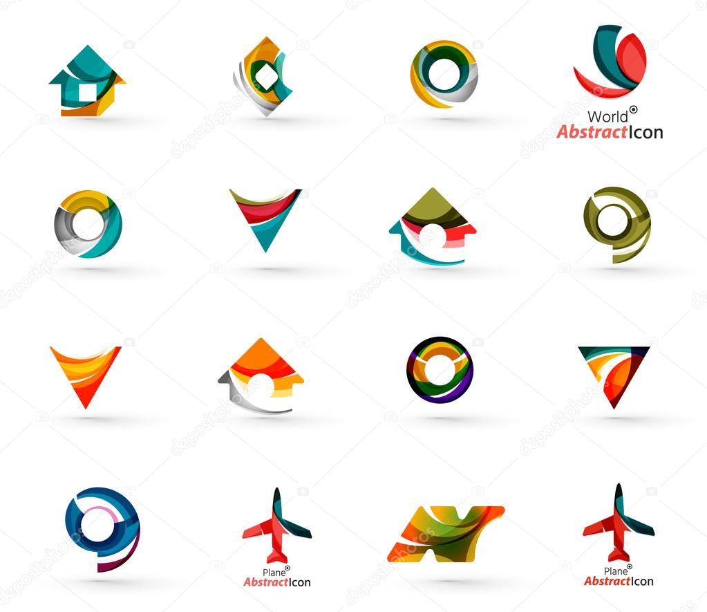 Set of various geometric icons -  rectangles triangles squares circles or swirls, created with flowing wavy elements