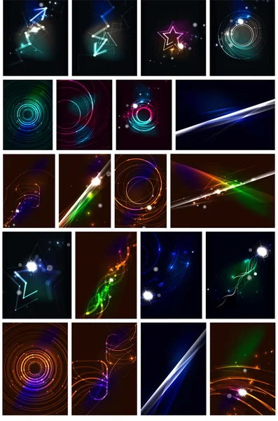 Lignes lumineuses dans l'espace obscur, ensemble de fonds abstraits — Image vectorielle