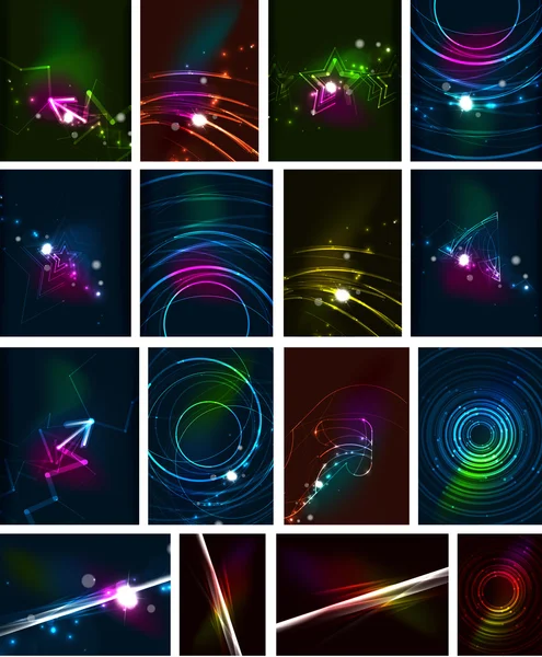 Glowing lines in the dark space, set of abstract backgrounds — Stock Vector