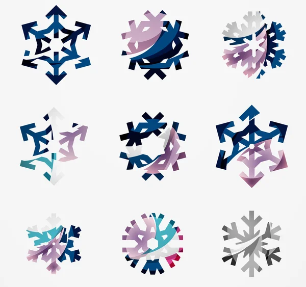 Set of abstract colorful snowflake logo icons, winter concepts, clean modern geometric design — Stock Vector