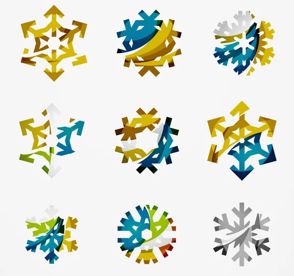 Conjunto de iconos de logotipo de copo de nieve de colores abstractos, conceptos de invierno, diseño geométrico moderno limpio — Vector de stock